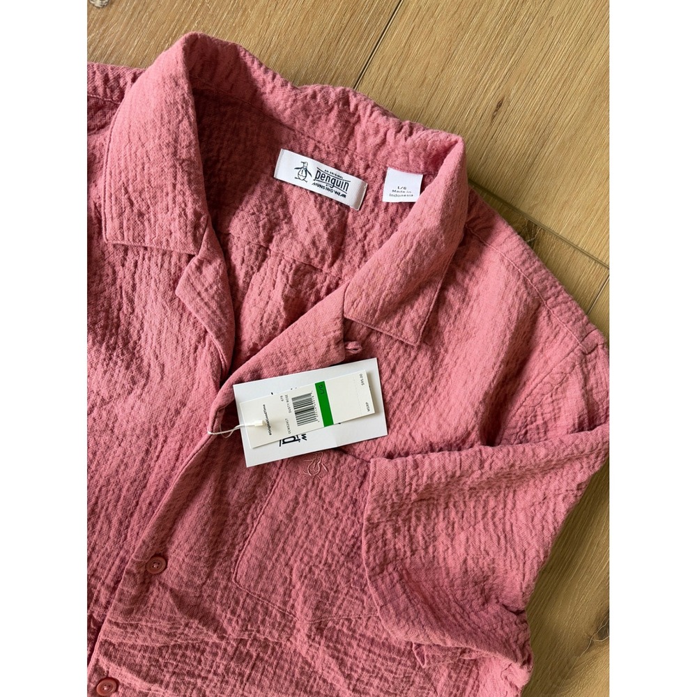 Original Penguin Mens Dusty Rose Crinkle Seersucker Camp Shirt size large nwt